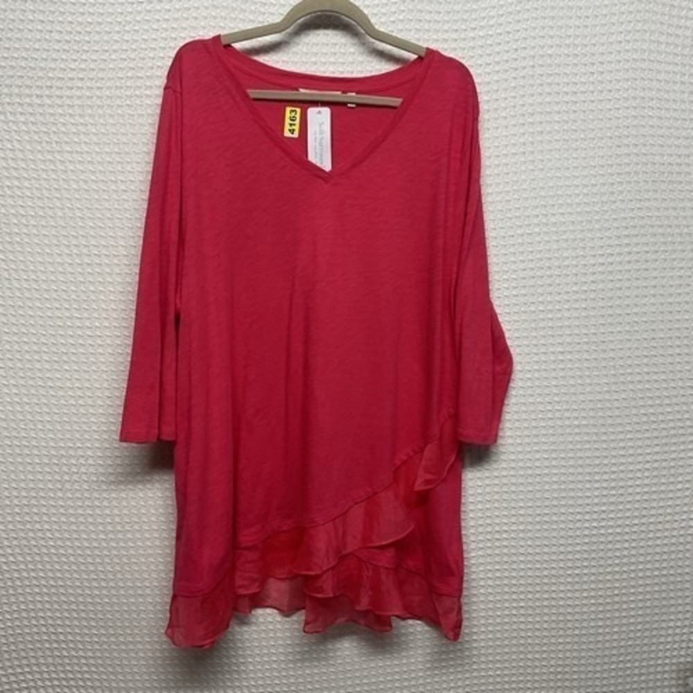 NWT Soft Surroundings Pink V-Neck 3/4 Sleeve Ruffle Hem Lagenlook Tunic Women 2X